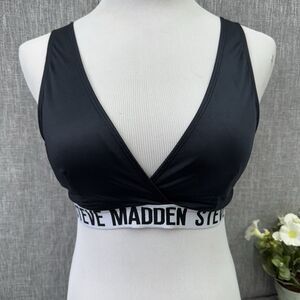 Steve Madden Black Sports Bra XL Bralette Logo Band V-Back Hook Slots For Pads